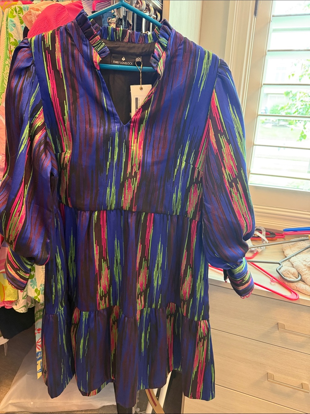 Emily Lovelock Blueish Purple Multi-Striped Tiered Casual Dress
